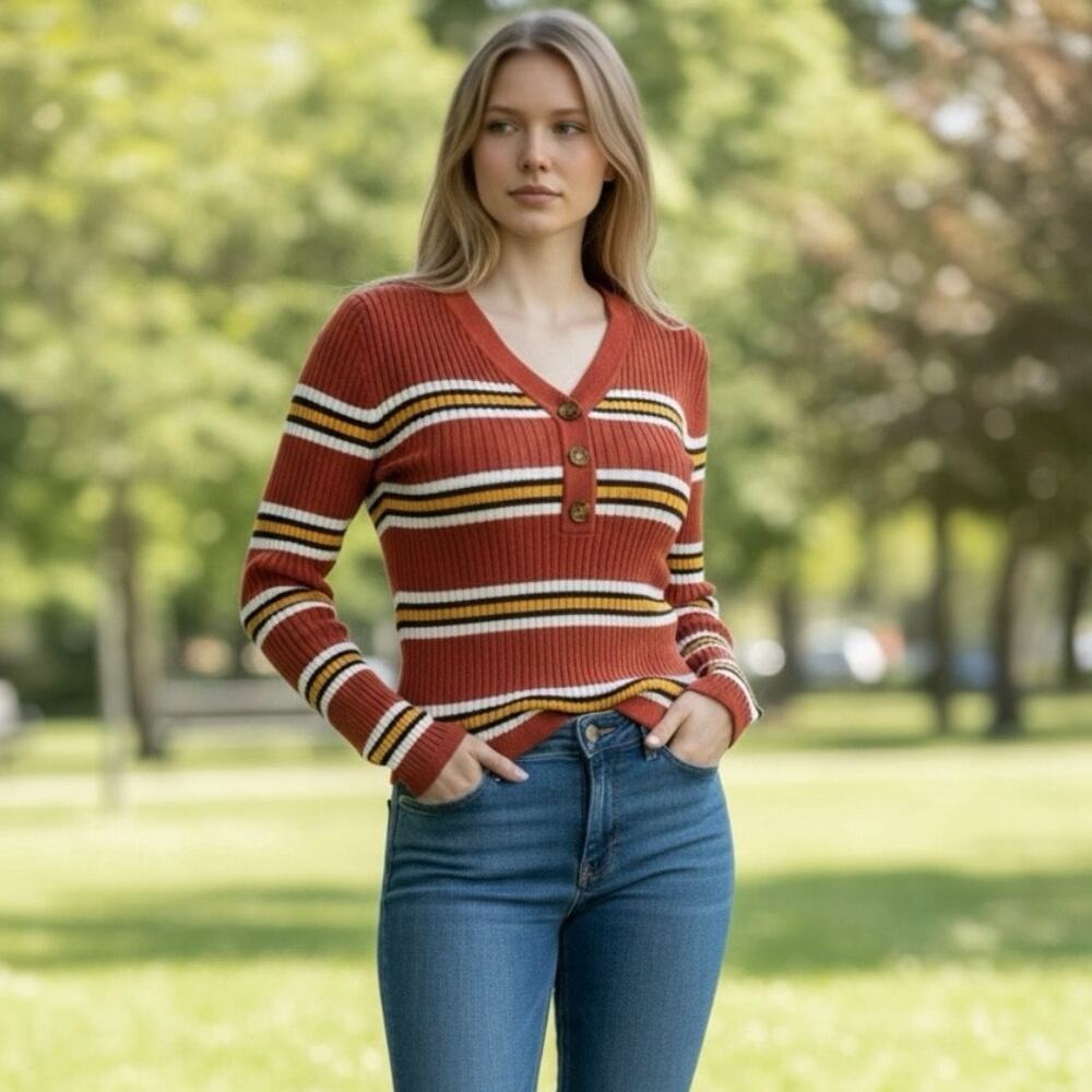 It's Our Time V-Neck Button Up Ribbed Striped Sweater Top EUC